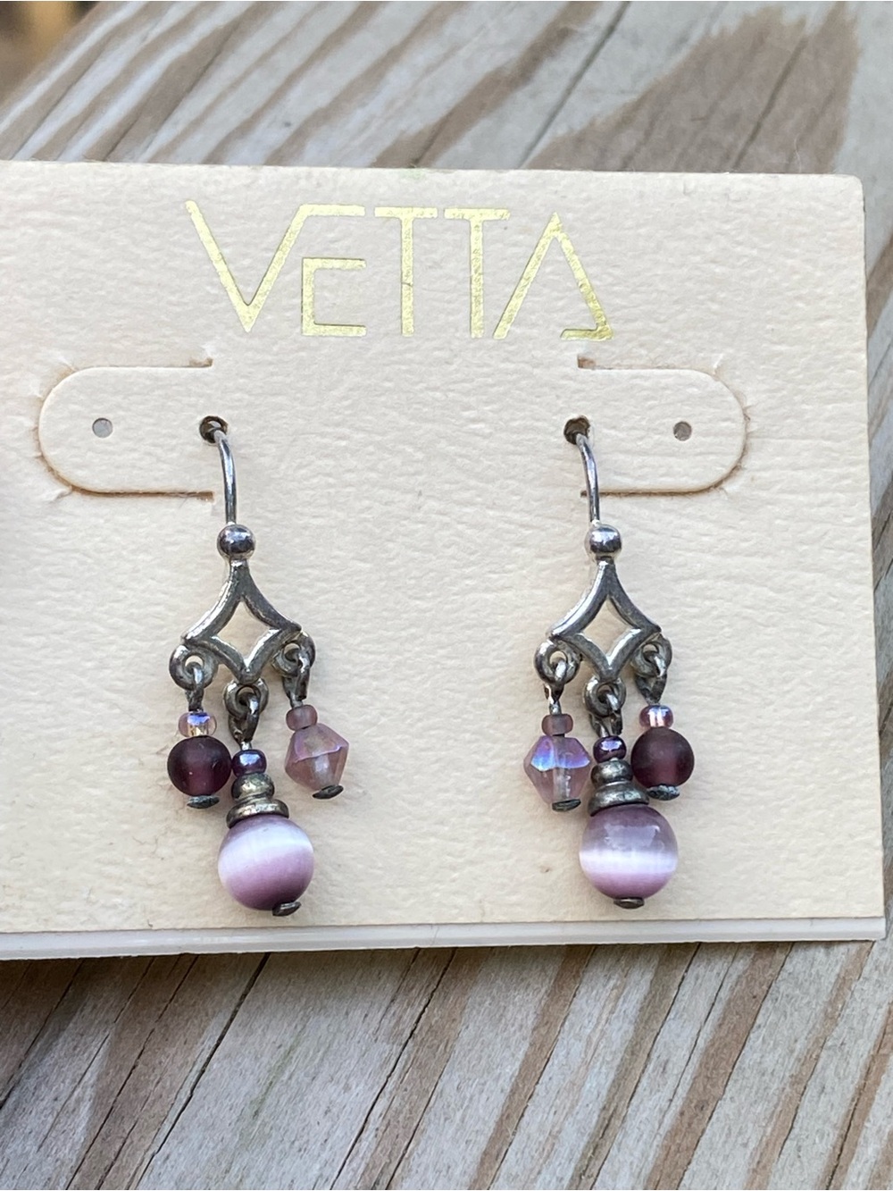 VTG VETTA Lavender Cat’s eye and Plum Bead Drop Chandelier Earrings